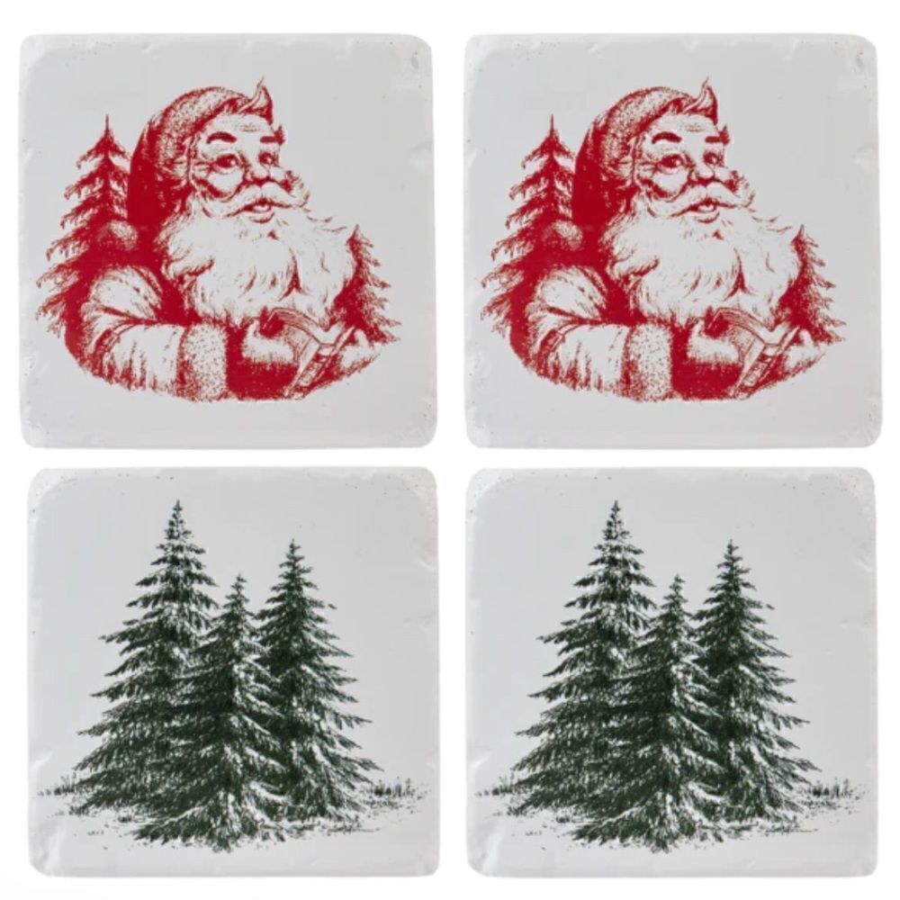 Set of four Red Santa and Ever green tree Stone coasters
